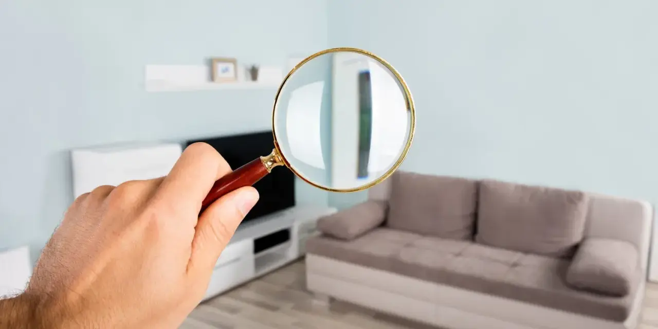 Une loupe examine un salon moderne. On voit un canapé beige, une étagère murale et une télévision. Le mur est bleu pâle, et le parquet est clair. Le plu bordeaux est peut-être caché quelque part.