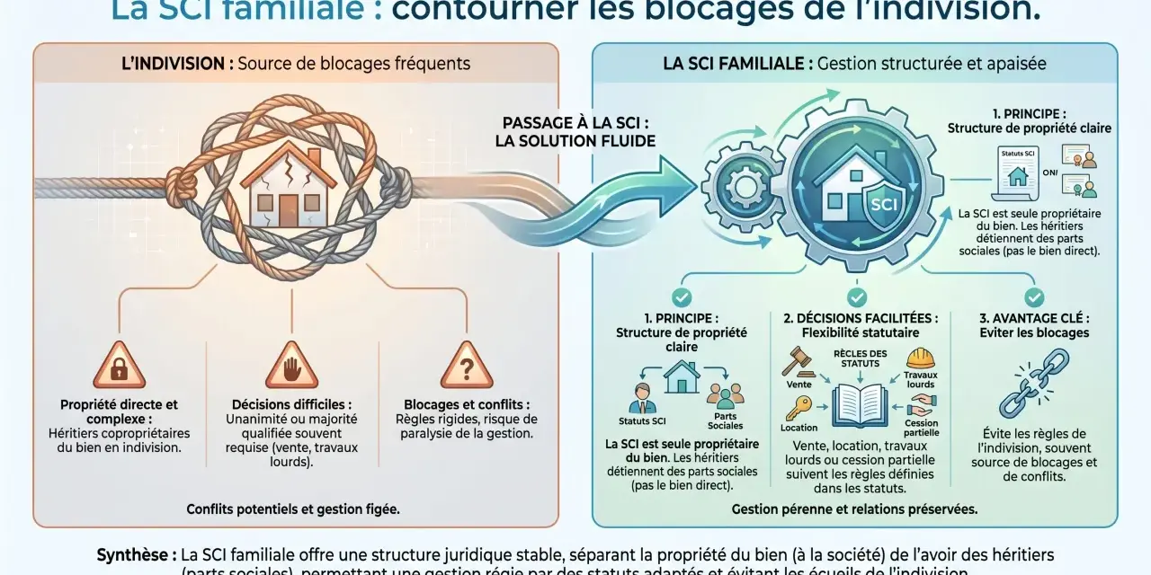 Schéma expliquant comment la SCI familiale évite les blocages de l'indivision, offrant une gestion structurée et apaisée.
