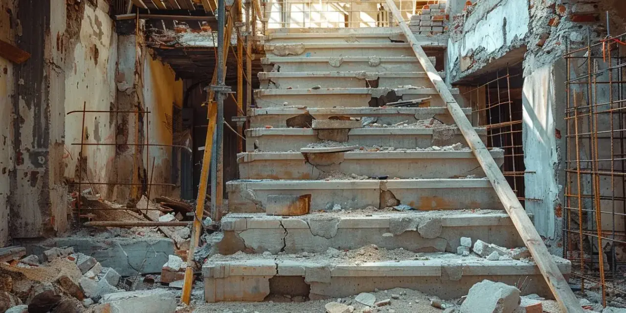 Escalier en béton délabré, entouré de débris et d'échafaudages. Un chantier qui ressemble à une construction illégale, abandonnée.