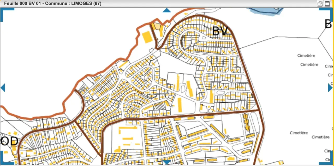 Plan cadastral de Limoges, montrant des parcelles résidentielles et des voies. Le cadastre de Montargis n'est pas visible ici.