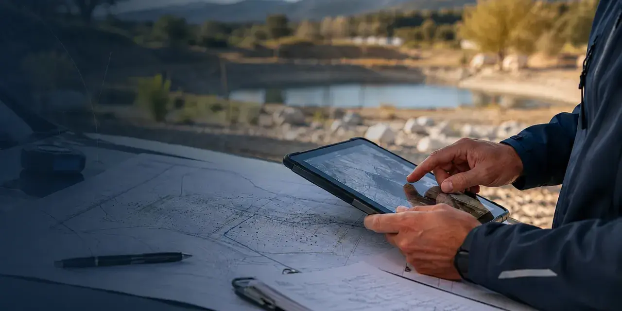 Un homme consulte une tablette et une carte sur le capot d'une voiture, avec un paysage de campagne et un étang en arrière-plan, rappelant une exploration près de **Plu Aix-en-Provence**.