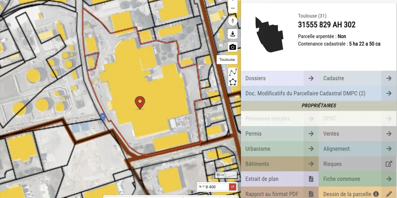 Carte du cadastre montrant des parcelles industrielles à Toulouse. Une parcelle spécifique est mise en évidence avec ses informations.