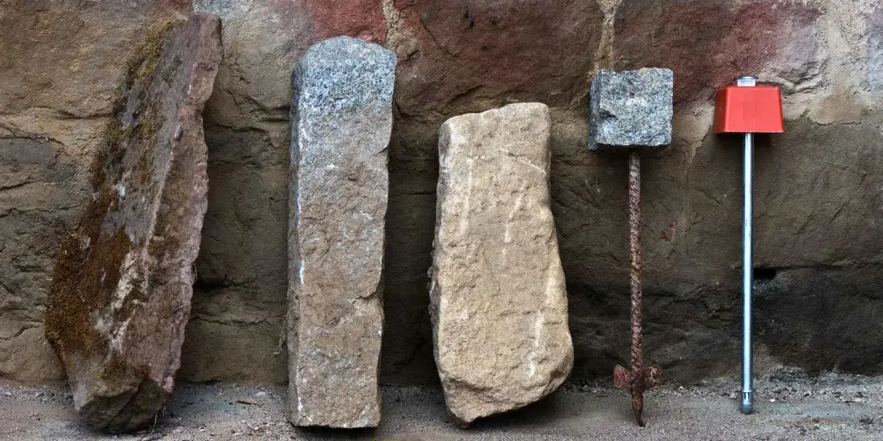 Quatre bornes, dont une borne cadastre en pierre, alignées devant un mur de pierres anciennes.