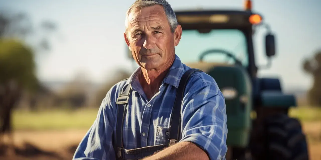 Un fermier expérimenté, son visage marqué par le soleil, pense à son **salaire différé et indivision** tout en regardant vers l'avenir, un tracteur en arrière-plan.