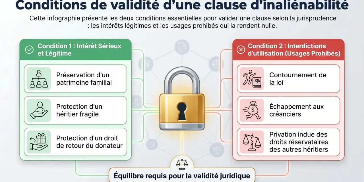Infographie sur les conditions de validité d'une clause d'inaliénabilité : intérêt légitime (préservation patrimoine, protection héritier fragile, droit de retour) vs. interdictions (contournement loi, échappement créanciers, atteinte droits réservatai...