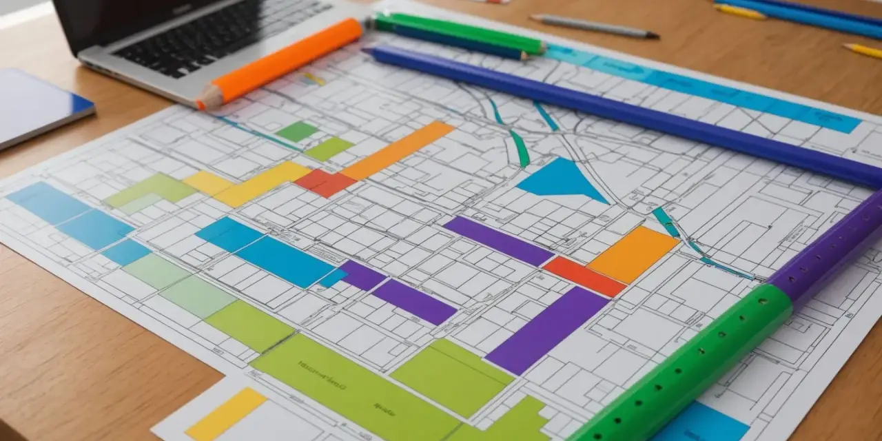 Un plan de ville coloré, avec des crayons et un ordinateur portable. On dirait que quelqu'un prépare une **plu lahonce** pour un projet d'urbanisme.