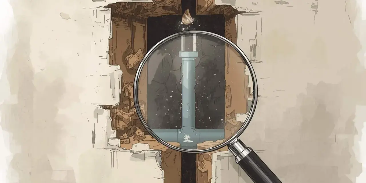 Une loupe révèle un tuyau endommagé dans un mur, illustrant un cas de prescription vice caché.