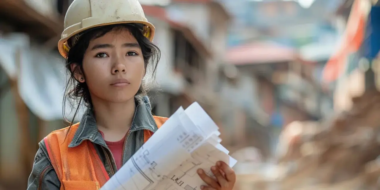 Jeune femme en casque et gilet orange, plans à la main, prête à prouver la construction de plus de 10 ans.
