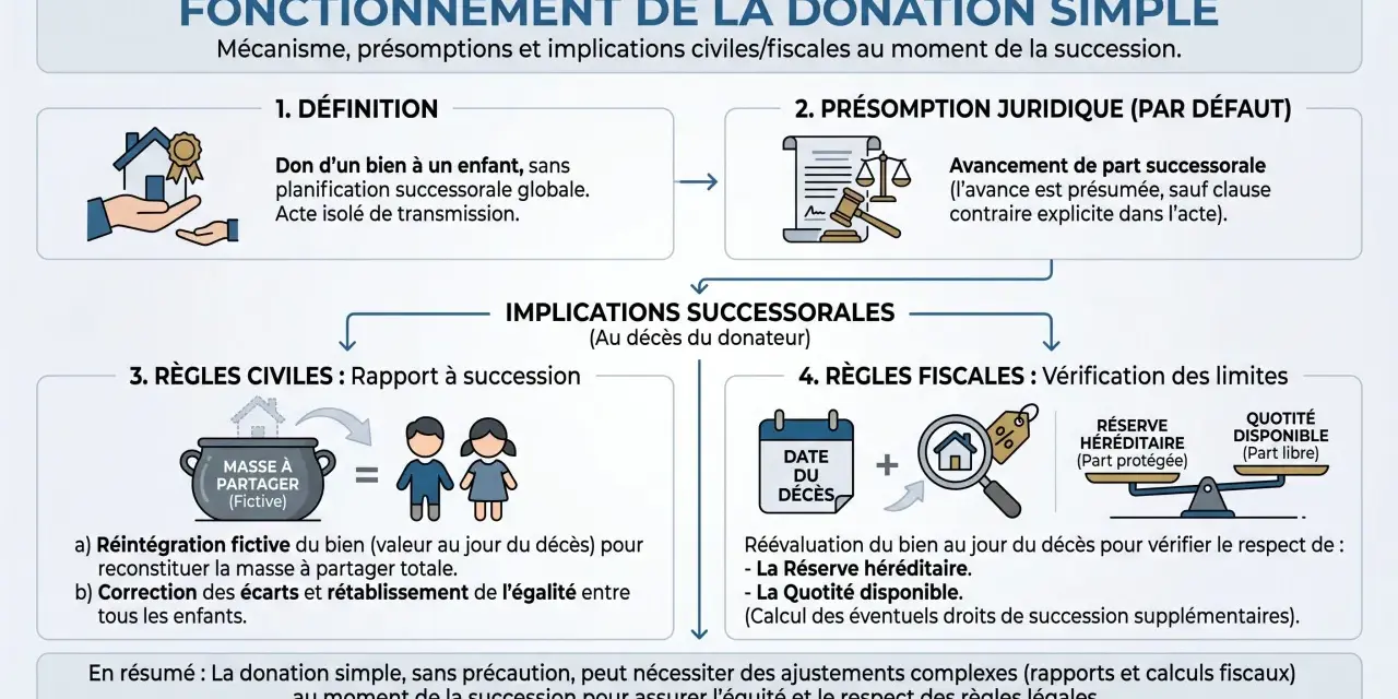 Schéma expliquant la donation simple. Il détaille la définition, la présomption juridique, les règles civiles (rapport à succession) et fiscales. Un rapport donation somme d'argent est nécessaire.