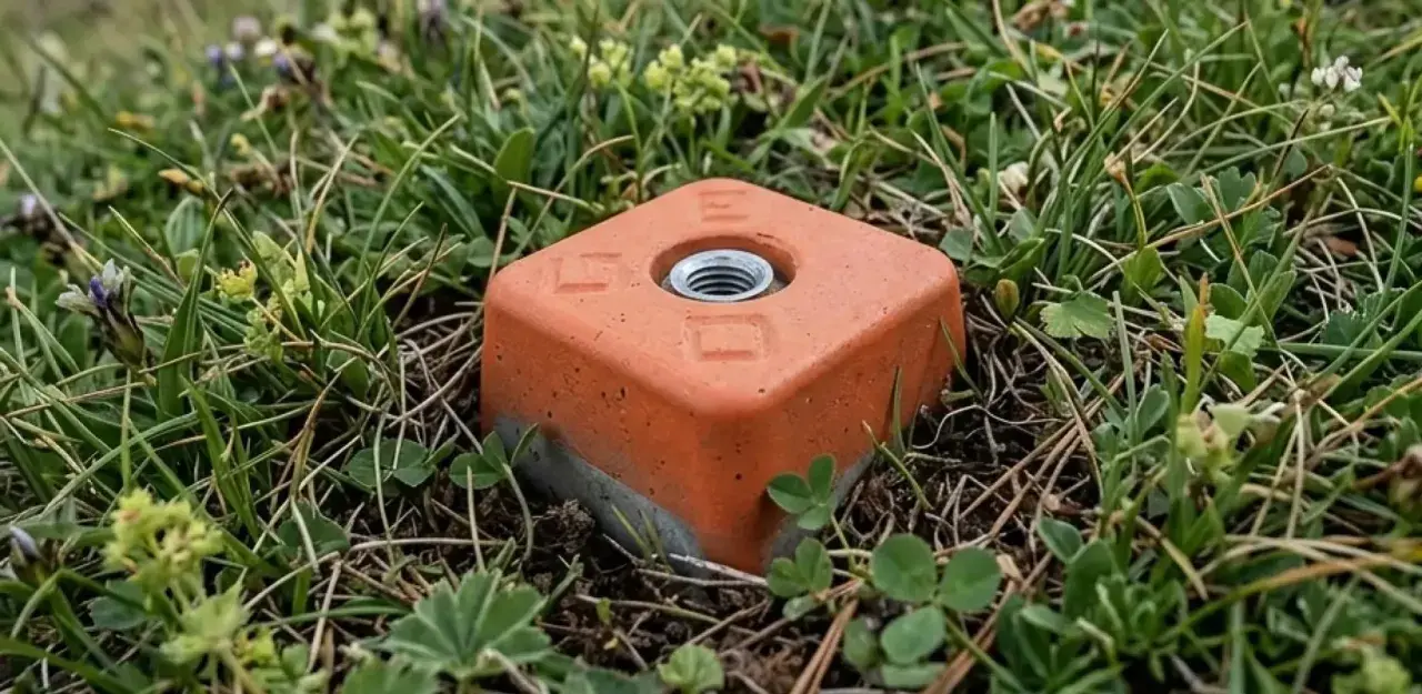 Un piquet de bornage orange, en partie enterré dans l'herbe et les petites fleurs sauvages, marque une limite discrète dans la nature.