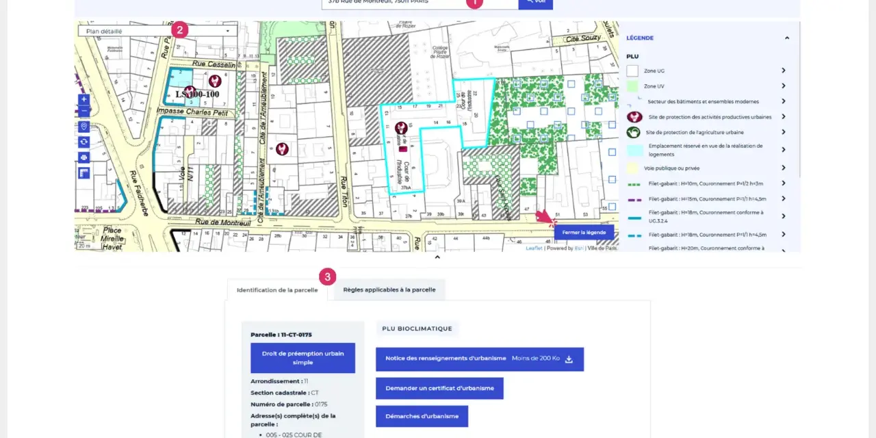 Carte de Paris affichant des informations d'urbanisme, avec une légende détaillée pour l'annexe environnementale.