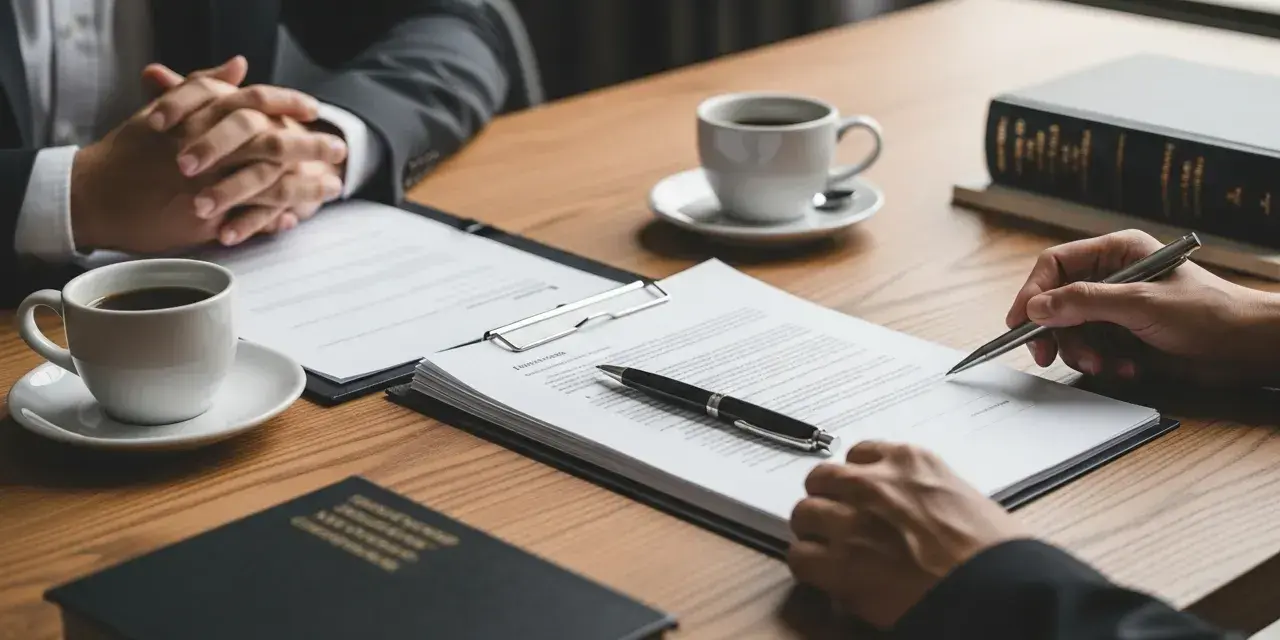 Signature sur un document, peut-être un refus de liquidation de communauté. Deux personnes en costume, café et livres de droit sur la table.