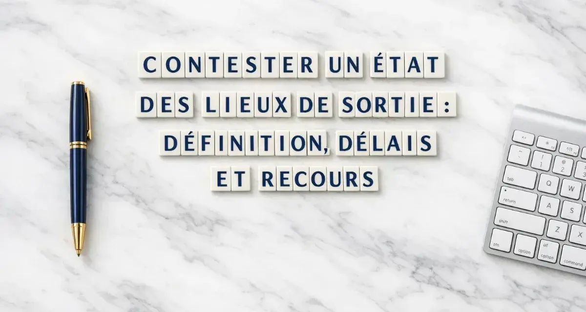 Contester un état des lieux de sortie : définition, délais et recours. Stylo et clavier sur fond marbre.
