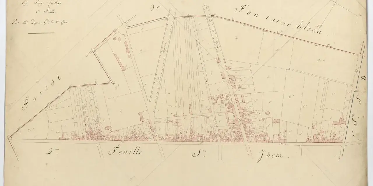 Plan ancien de la ville de Fontainebleau, section du Grand Fief, montrant parcelles et bâtiments. Ce cadastre historique révèle l'organisation du territoire.