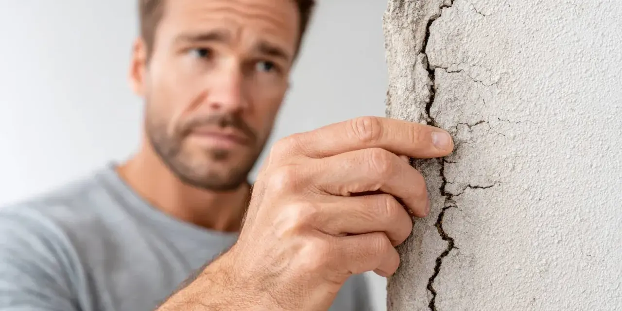 Homme inquiet examinant une fissure sur un mur, évoquant un manquement au devoir de conseil de l'agent immobilier.