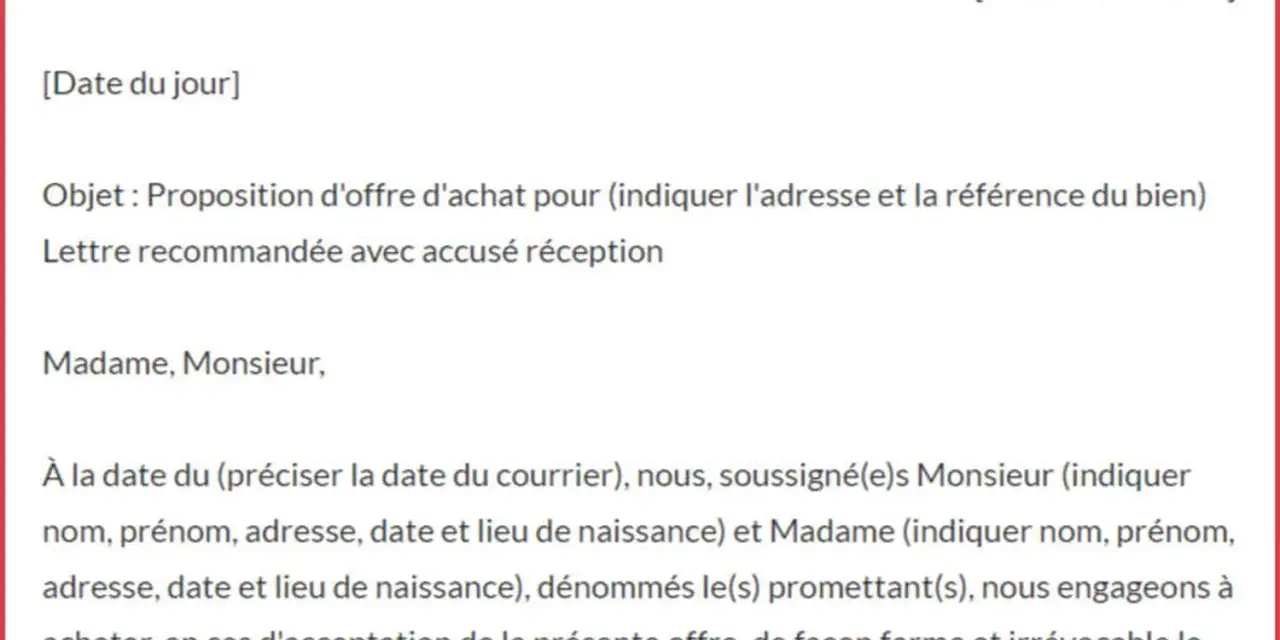 Extrait d'une lettre d'intention d'achat pour un bien immobilier, avec objet et détails des parties.