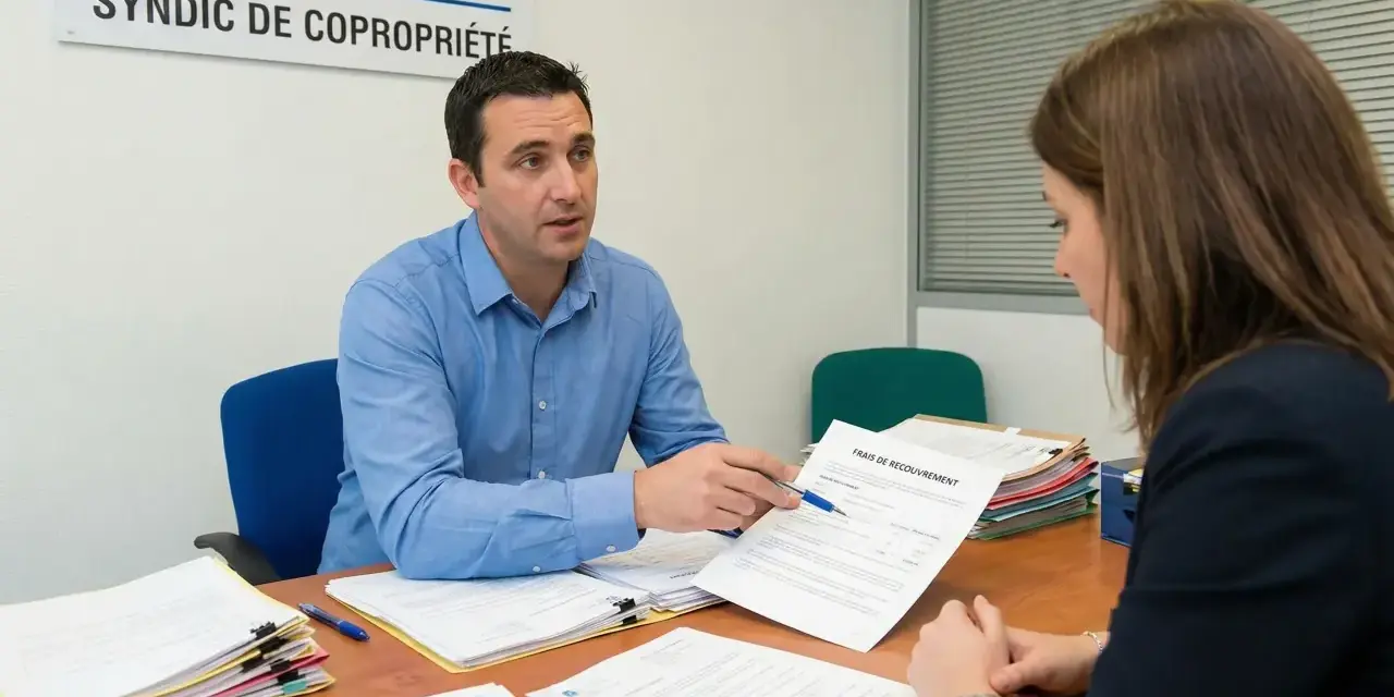 Un syndic de copropriété explique un document à une cliente, peut-être en lien avec l'article 20 loi du 10 juillet 1965.
