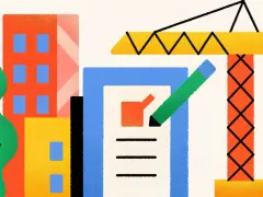 Illustration d'un permis de construire et changement de PLU : grue, immeubles colorés, et un document avec un crayon vert.
