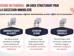Schéma comparant trois régimes matrimoniaux : communauté réduite aux acquêts, séparation de biens et communauté universelle, cette dernière offrant une protection intégrale du conjoint.