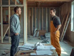 Deux hommes discutent sur un chantier. L'un semble vouloir se faire rembourser des travaux faits pendant vie commune.