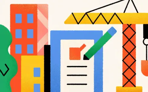 Illustration d'un permis de construire et changement de PLU : grue, immeubles colorés, et un document avec un crayon vert.