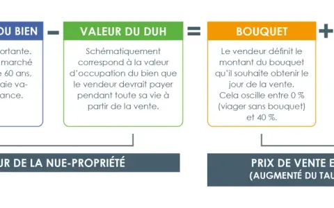 Schéma expliquant la vente d'un bien grevé d'un droit d'usage et d'habitation (DUH) : Valeur vénale - Valeur du DUH = Bouquet + Rentes. Le prix de vente en viager est calculé.