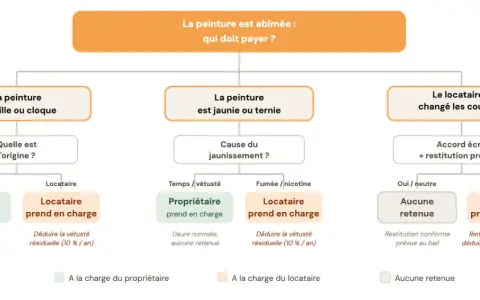 Schéma : peinture abîmée (écaillée, jaunie, changée). Détermine qui paie, en tenant compte de la vétusté après 20 ans de location.