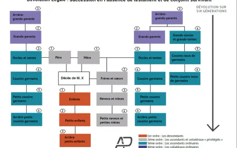 Arbre généalogique illustrant la dévolution légale d'une succession. Il montre les différents ordres d'héritiers, des descendants aux collatéraux, pour contester une succession.
