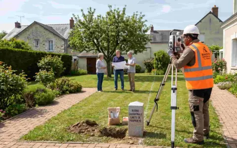 Un géomètre utilise un théodolite pour un plan de bornage. Une borne cadastrale marque la limite de propriété.
