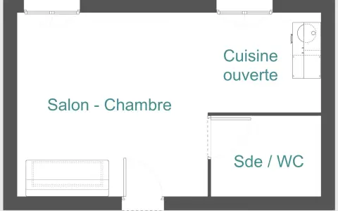Plan d'un appartement T1 bis : salon-chambre, cuisine ouverte, salle d'eau/WC. Idéal pour un jeune couple ou un étudiant.