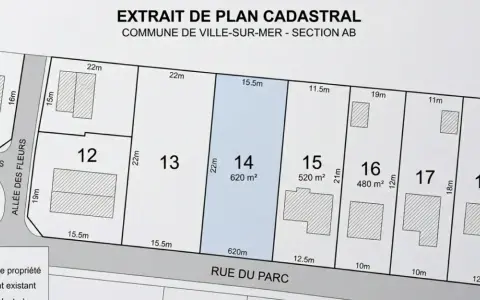 Extrait du cadastre de Yvetot, montrant des parcelles numérotées 12 à 18, avec leurs dimensions et la présence de bâtiments.