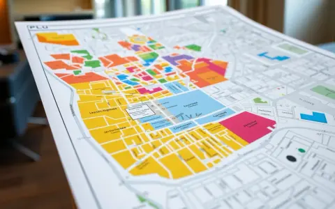 Carte PLU colorée, montrant la différence entre les zones. On y voit des rues et des bâtiments, avec des couleurs vives pour distinguer les zones.
