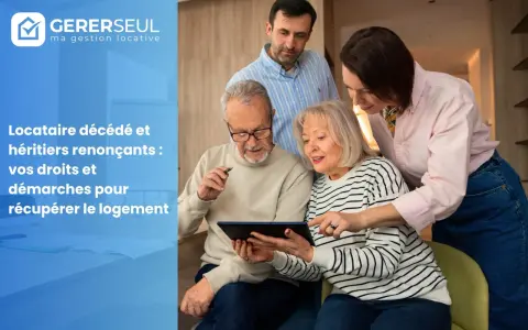 Famille discutant du transfert de bail suite au décès du locataire. Ils consultent des informations sur une tablette.
