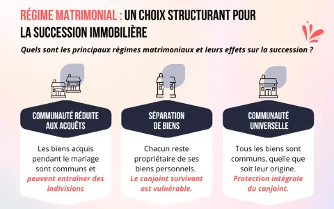 Schéma comparant trois régimes matrimoniaux : communauté réduite aux acquêts, séparation de biens et communauté universelle, cette dernière offrant une protection intégrale du conjoint.