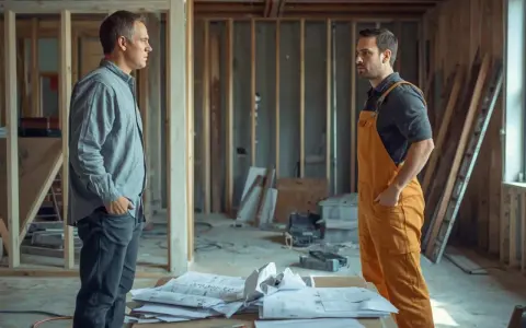 Deux hommes discutent sur un chantier. L'un semble vouloir se faire rembourser des travaux faits pendant vie commune.
