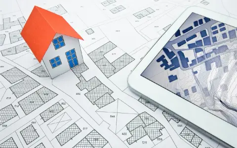 Maquette de maison sur un plan cadastral, avec une tablette affichant une carte numérique. Idéal pour un projet immobilier à plu Ajaccio.