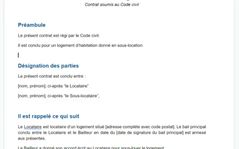 Contrat de sous-location d'un logement. Ce document détaille les termes pour sous louer son appartement, définissant les parties et les conditions.