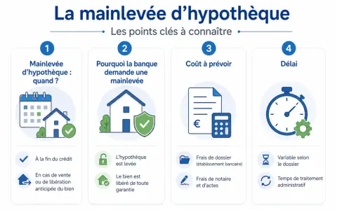 Infographie expliquant la mainlevée d'hypothèque : quand, pourquoi, coût et délai.