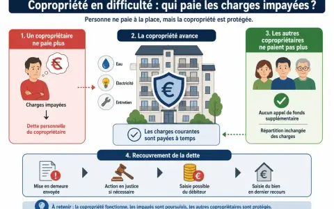 Un copropriétaire défaillant crée une dette. La copropriété avance les fonds, puis poursuit le débiteur pour récupérer la somme.