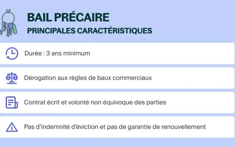 Caractéristiques d'un bail précaire : durée minimale de 3 ans, dérogation aux règles des baux commerciaux, contrat écrit et pas d'indemnité d'éviction.