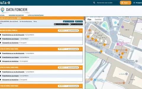 Interface de recherche immobilière affichant des informations sur des propriétés situées Rue de Rivoli, Paris. Le cadastre Gien est visible sur la carte satellite.