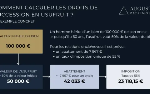 Exemple concret de calcul de droits de succession en usufruit : un neveu hérite de 100 000€, l'usufruit vaut 50 000€. Après abattement, l'imposition est de 23 118,15€.