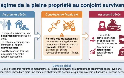 Au premier décès, le conjoint devient plein propriétaire. La dévolution successorale peut entraîner une perte d'abattements fiscaux au second décès.