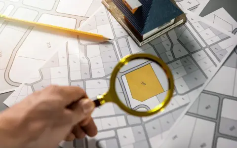 Une loupe examine un plan de cadastre d'Aix, révélant la parcelle 220. Un crayon et une maquette de maison sont posés sur les plans.