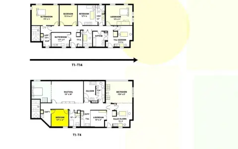 Plans de maisons T1-T14 et T1-T4. La définition T3 est visible sur le plan supérieur, montrant plusieurs chambres et espaces de vie.
