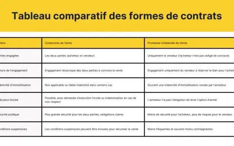 Tableau comparatif des formes de contrats : compromis de vente vs promesse unilatérale. Analyse des engagements, indemnités, sécurité juridique et conditions suspensives avant contrat.
