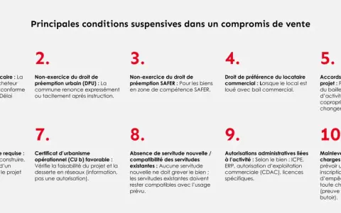 Les principales conditions suspensives dans un compromis de vente incluent l'obtention d'un prêt, le non-exercice des droits de préemption, et les autorisations administratives.
