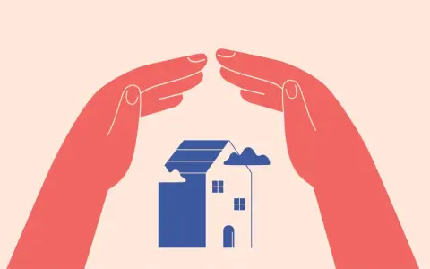 Mains protégeant une maison bleue, symbolisant la protection contre la nullité du congé pour reprise.
