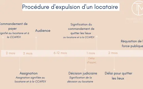 Chronologie d'une procédure d'expulsion : mon locataire ne paie plus son loyer. Étapes : commandement de payer, audience, décision judiciaire, réquisition force publique.
