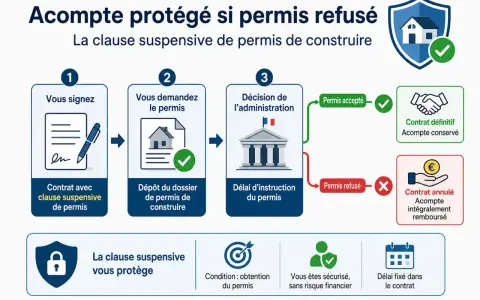 Infographie expliquant la clause suspensive de permis de construire : signature, demande, décision, et issues (accepté/refusé).
